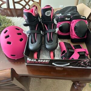 Inline Skates set, skates, helmet, elbow pads, & knee pads.  Beautiful pink!